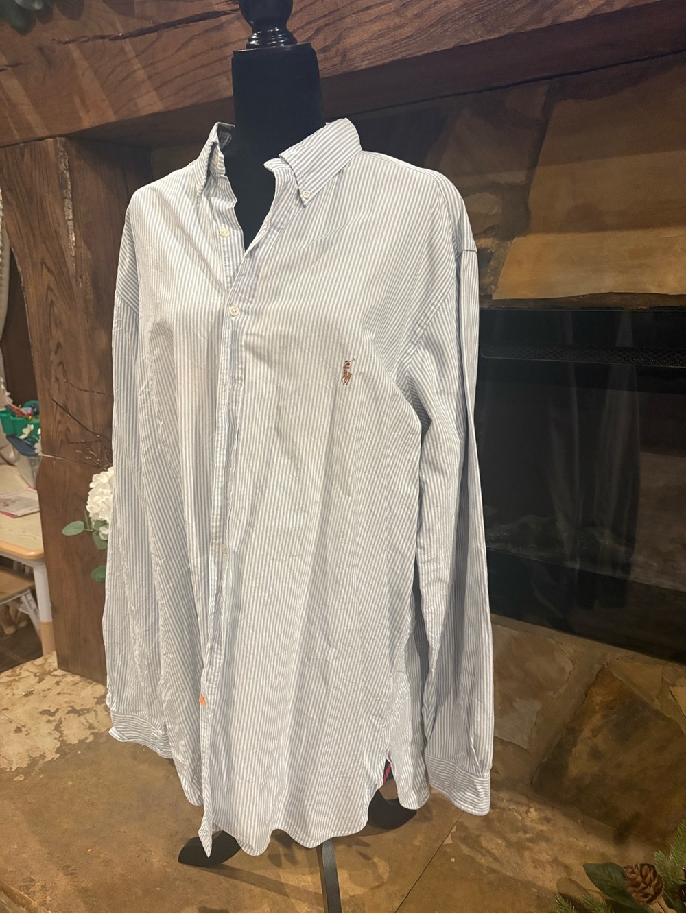 Ralph Lauren Men's Light Blue and White Pinstripe Button-Down Shirt